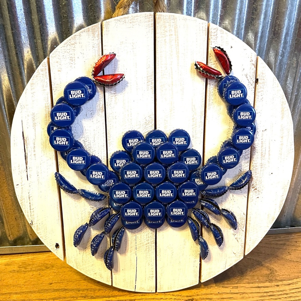 Crab bottle cap sign